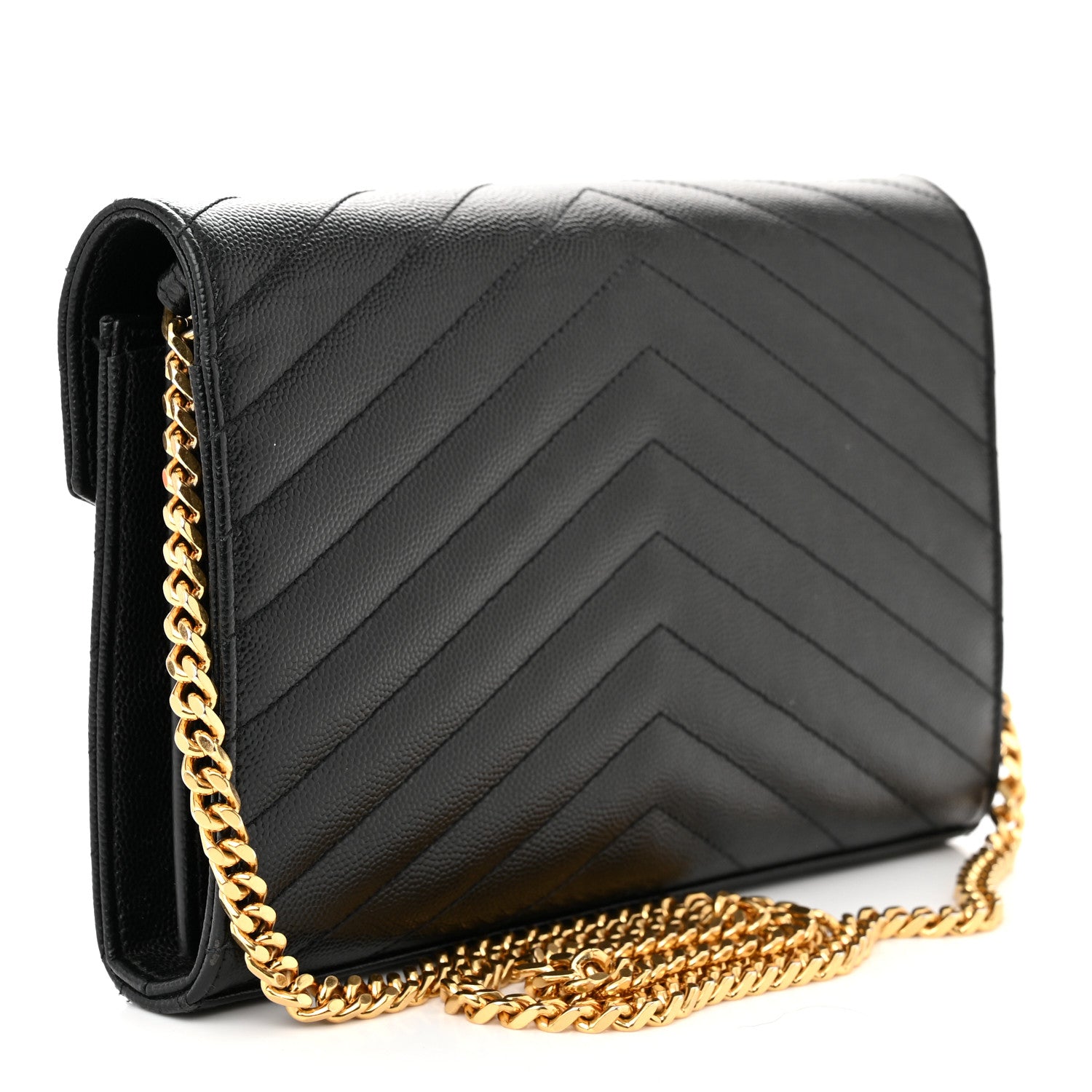 Saint Laurent Grain De Poudre Matelasse Chevron Monogram Chain Wallet Black 3 of 10