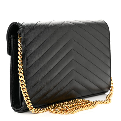 Saint Laurent Grain De Poudre Matelasse Chevron Monogram Chain Wallet Black 3 of 10