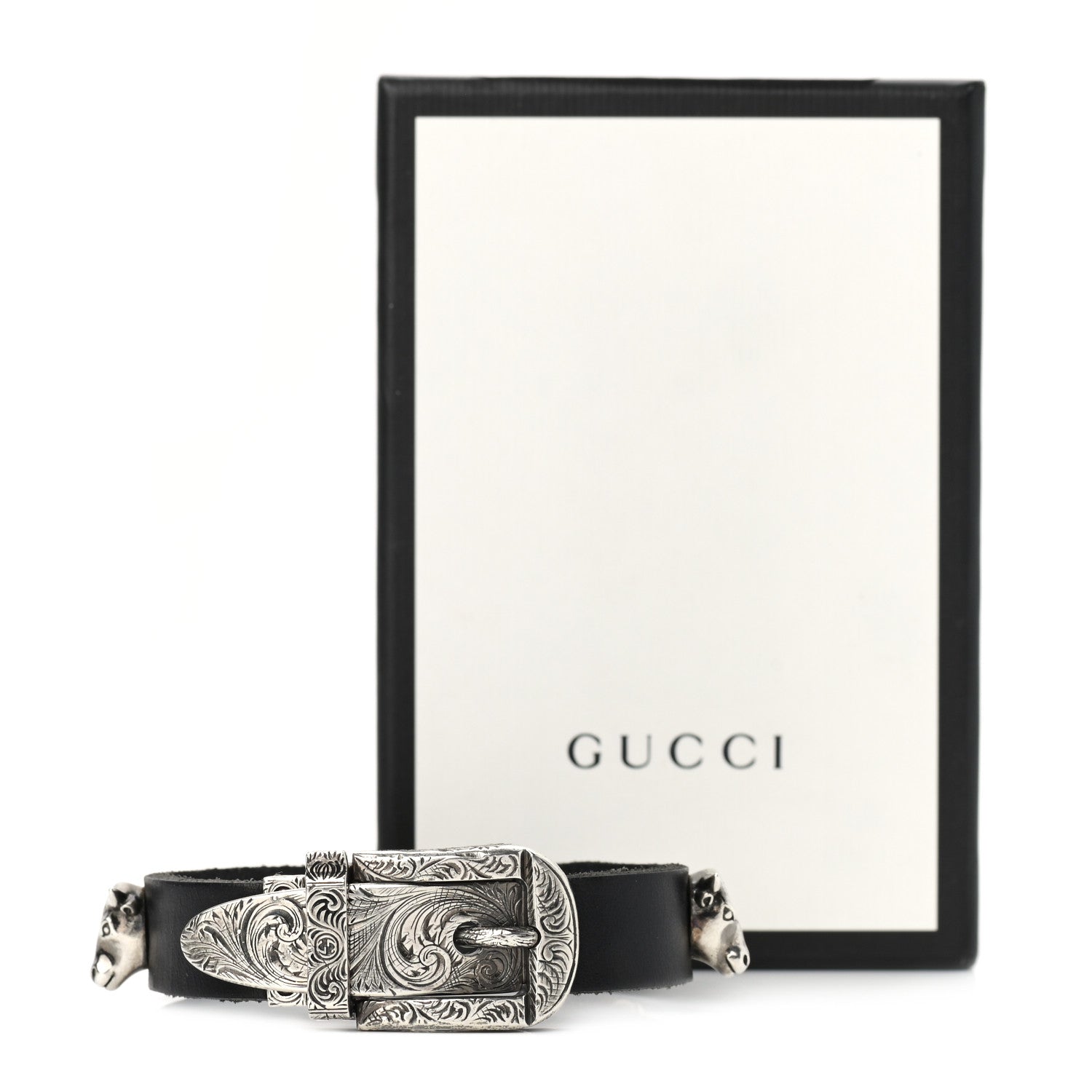 Gucci Sterling Silver Leather Anger Forest Bulls Head Bracelet 5 of 5