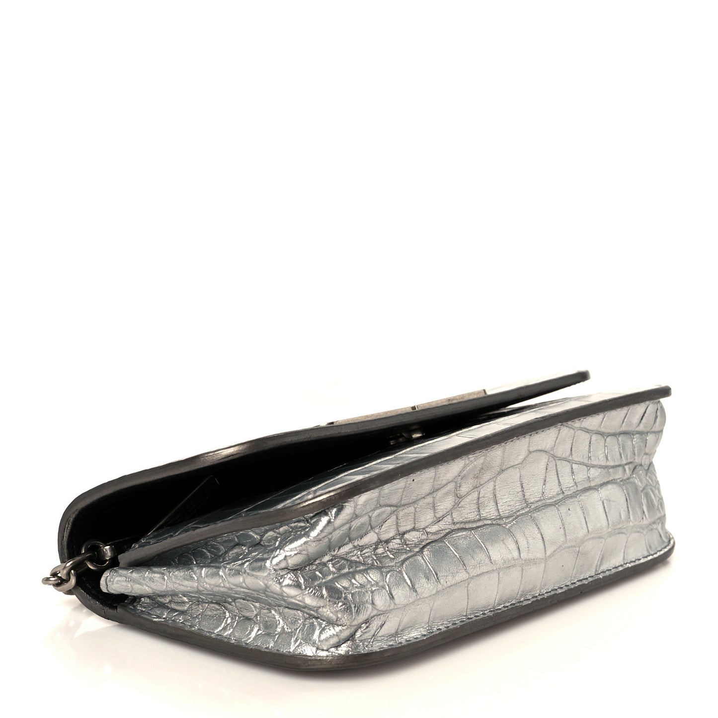 Metallic Extra Supple Calfskin Crocodile Embossed Gossip Wallet On Chain Silver