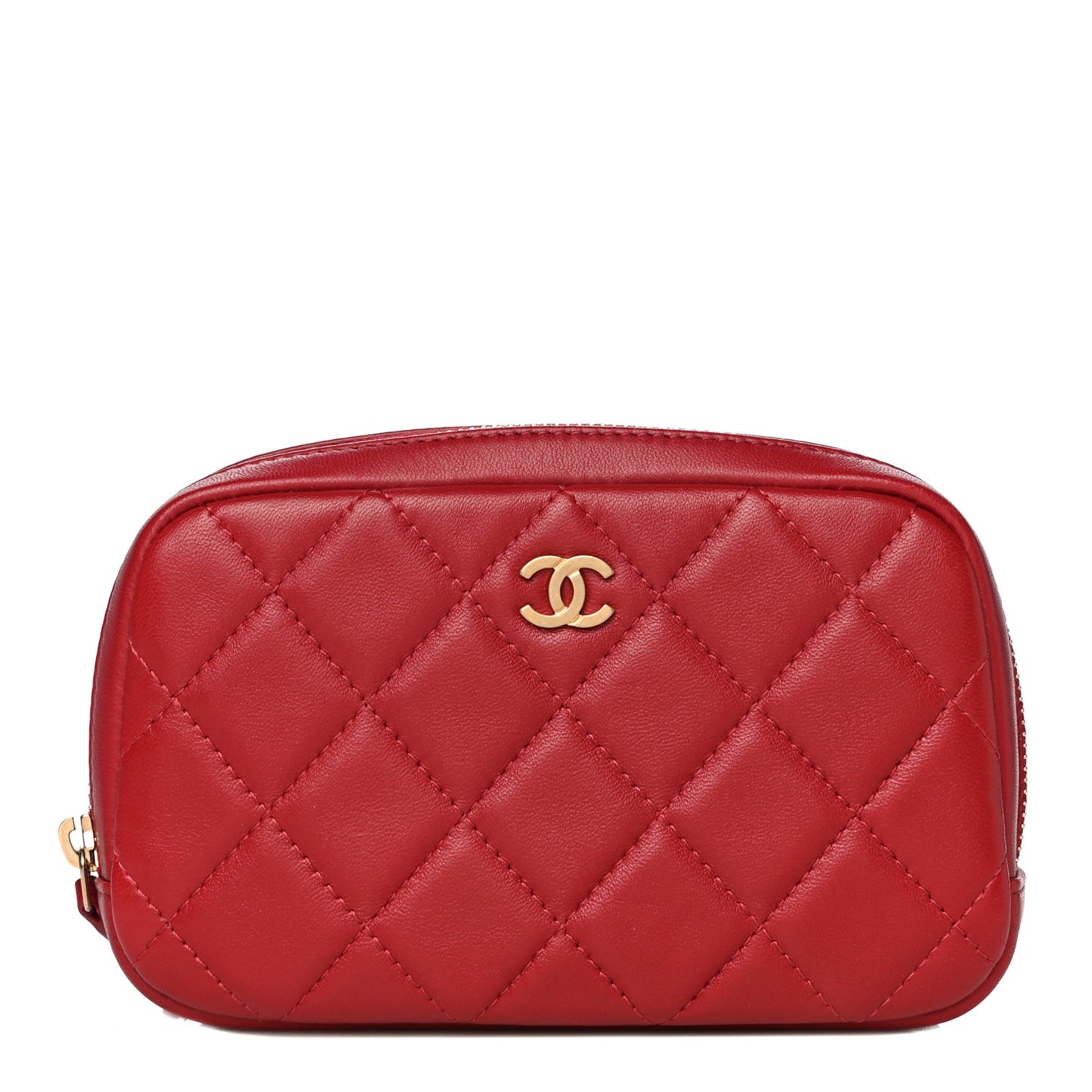 Lambskin Quilted Small Curvy Pouch Cosmetic Case Red