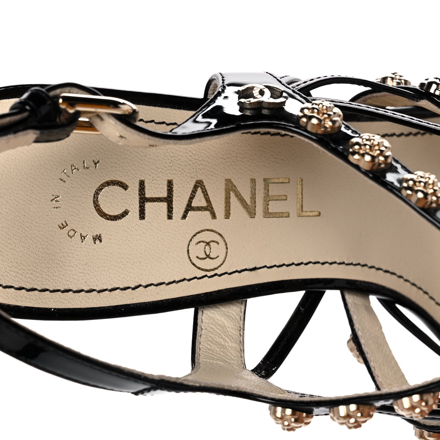 Patent Camellia Studded Strappy Sandals 37 Black