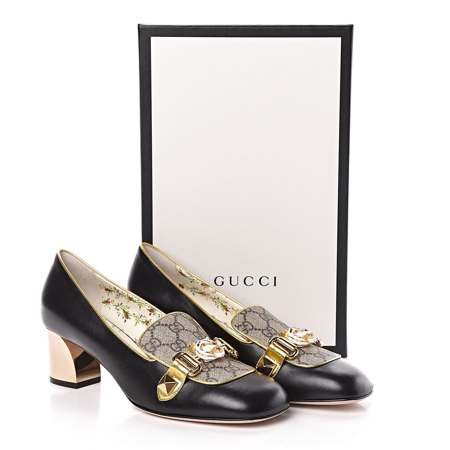 Gucci Malaga Kid Nappa GG Supreme Monogram Tiger Head Mid Heel Loafer Pumps 38.5 Black Oro Vecchio Beige 8 of 8