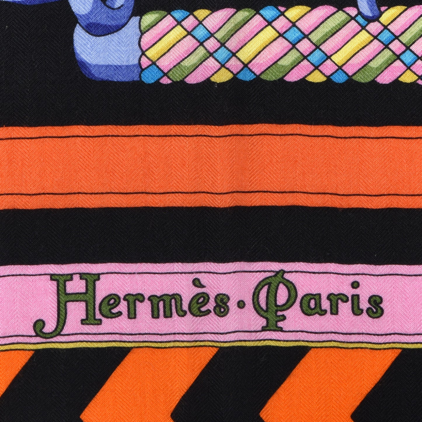 Cashmere Silk Panoplie Equestre Shawl 140 Black Orange Vert