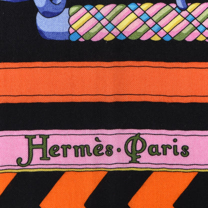 Hermes Cashmere Silk Panoplie Equestre Shawl 140 Black Orange Vert 3 of 10