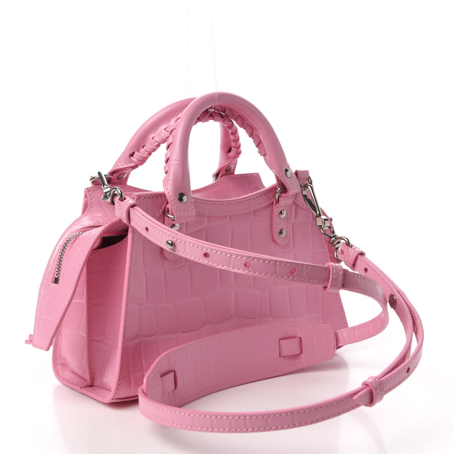 Semi Shiny Calfskin Crocodile Embossed Neo Classic Silver Hardware Mini City Pink