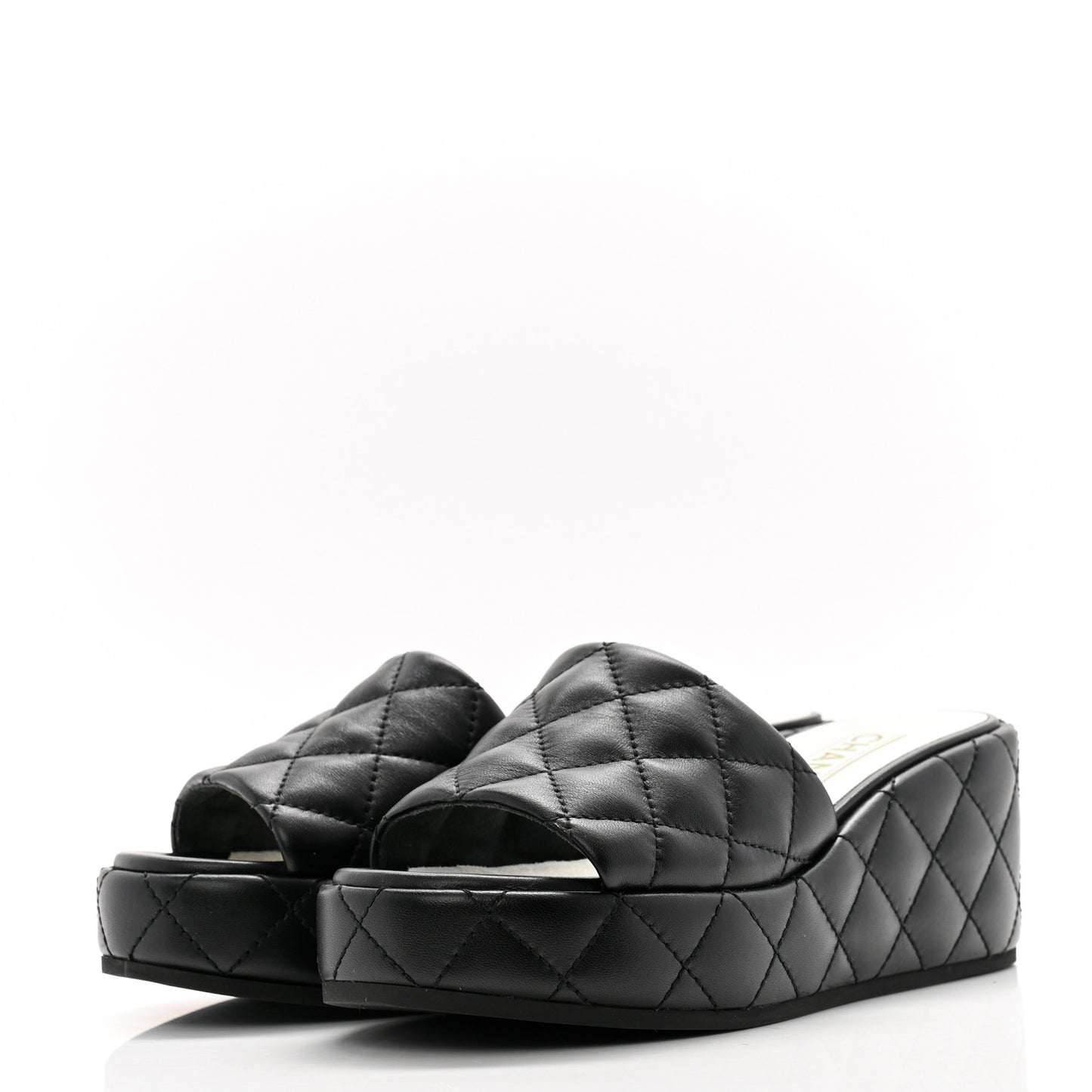 Lambskin Quilted Camelia CC Wedge Sandal Mules 38 Black
