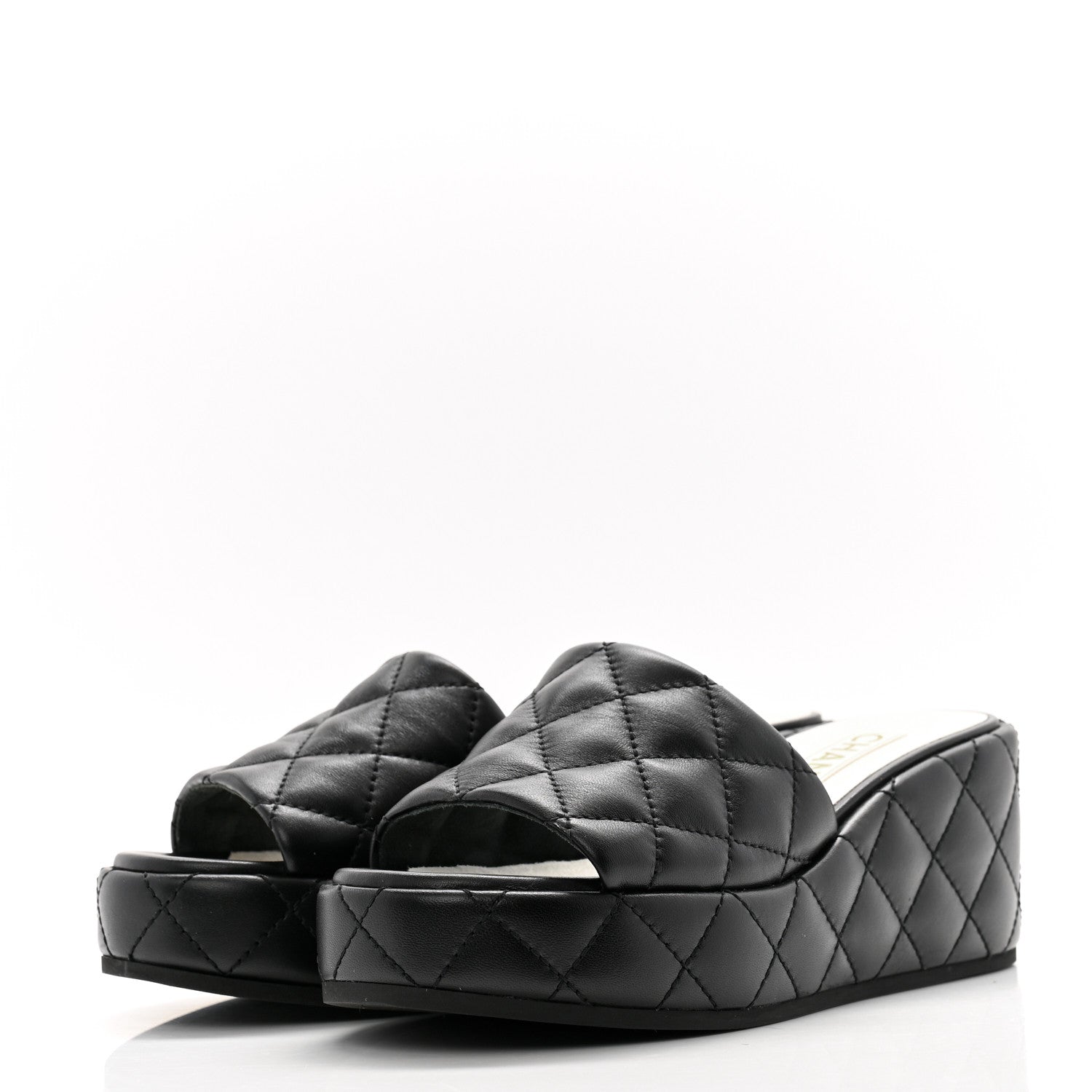 Chanel Lambskin Quilted Camelia CC Wedge Sandal Mules 38 Black 3 of 11