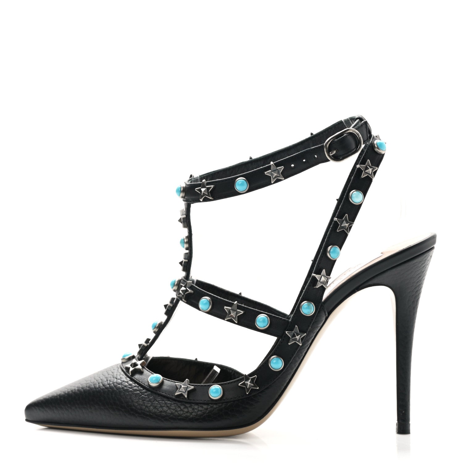 Valentino Garavani Pebbled Calfskin Stars Turquoise Rockstud Rolling Ankle Strap 100mm Pumps 37.5 Black 1 of 8