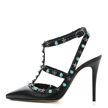 Valentino Garavani Pebbled Calfskin Stars Turquoise Rockstud Rolling Ankle Strap 100mm Pumps 37.5 Black 1 of 8