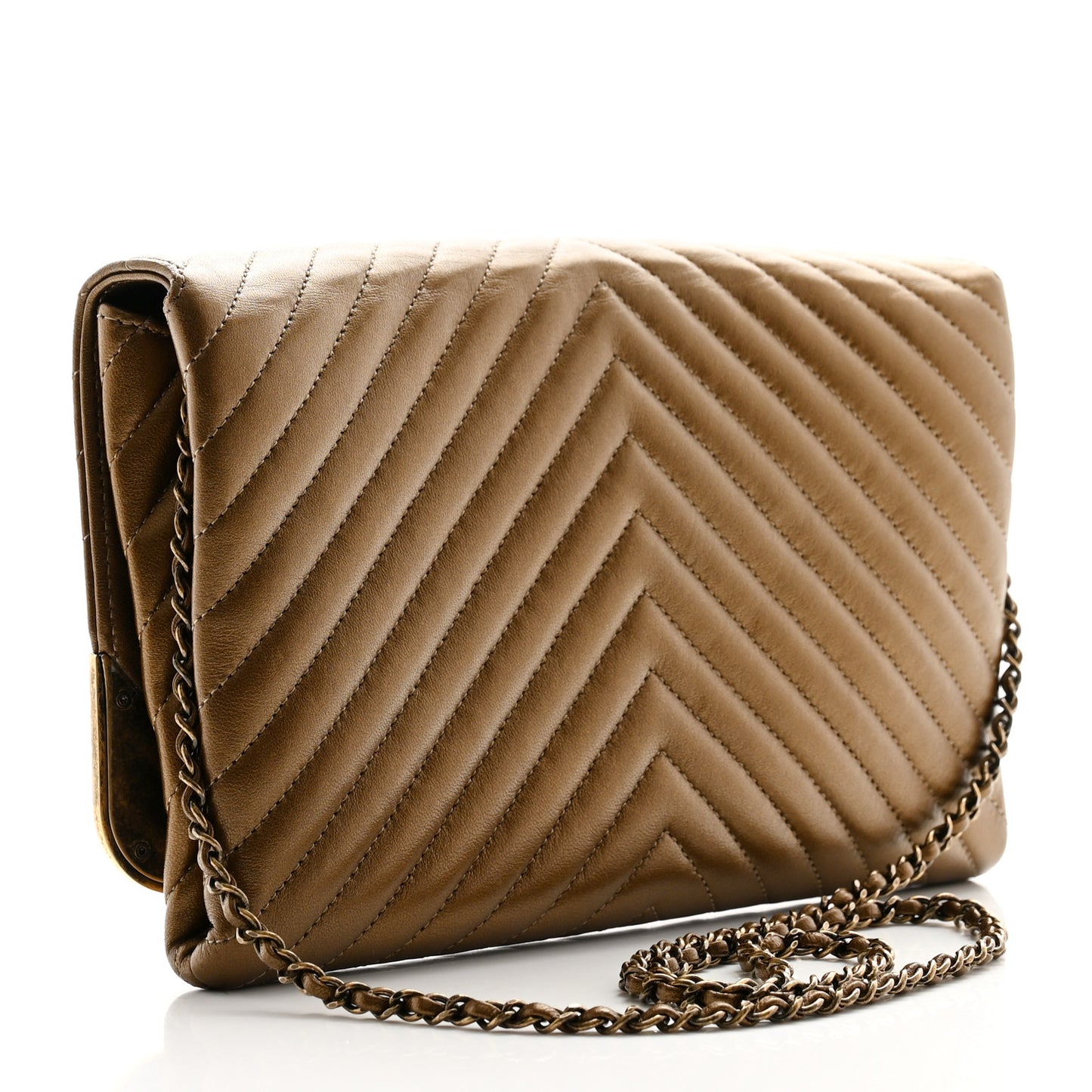 Metallic Lambskin Chevron Quilted Rock The Corner Clutch With Chain Bronze