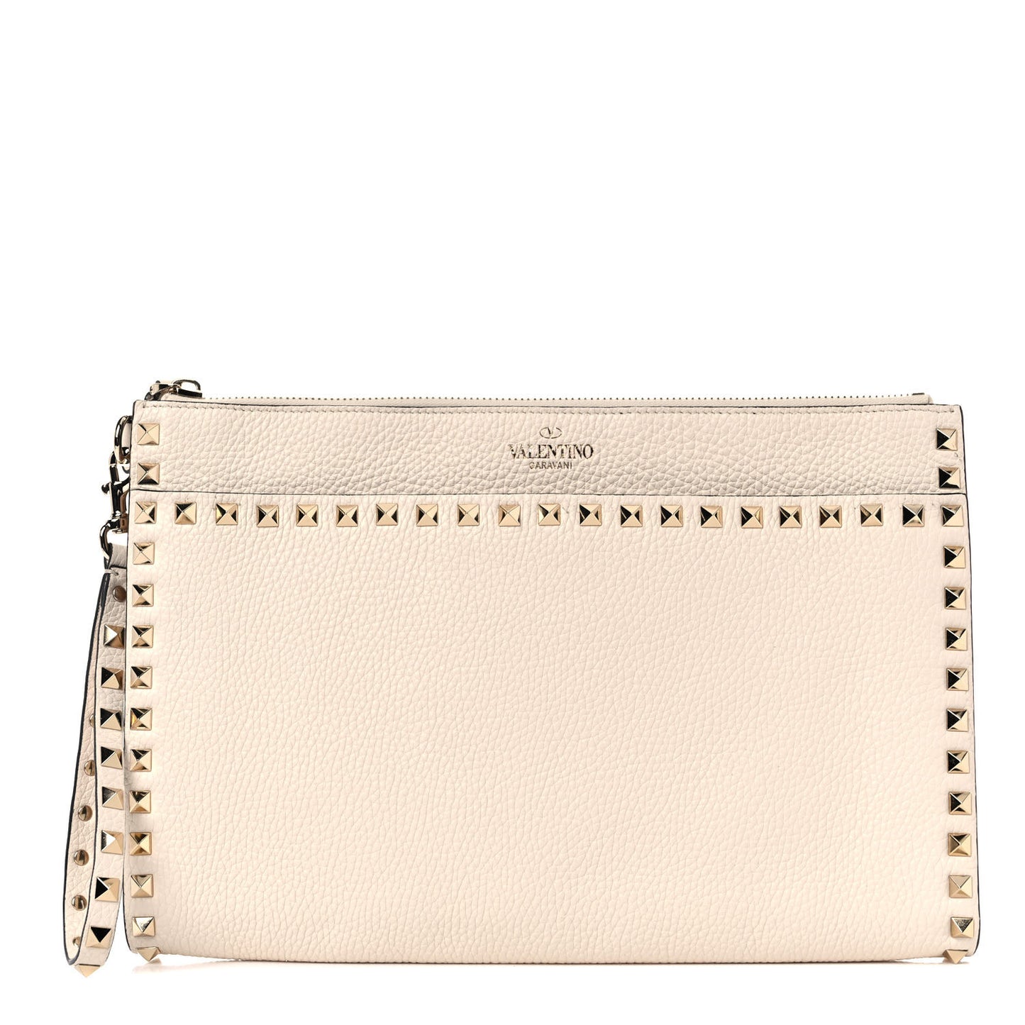 Pebbled Calfskin Rockstud Zip Pouch Ivory