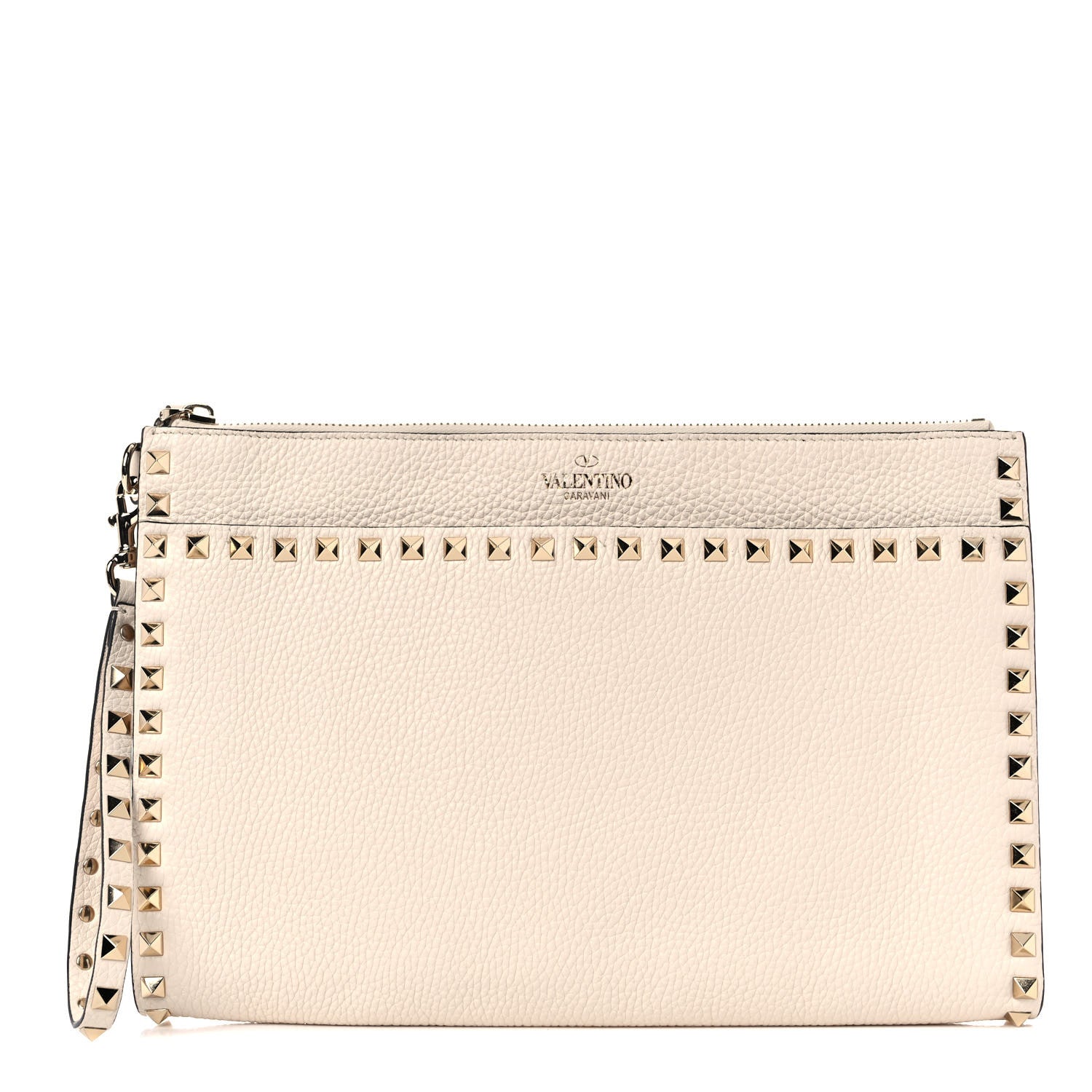 Valentino Garavani Pebbled Calfskin Rockstud Zip Pouch Ivory 1 of 12