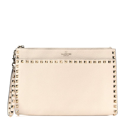 Valentino Garavani Pebbled Calfskin Rockstud Zip Pouch Ivory 1 of 12