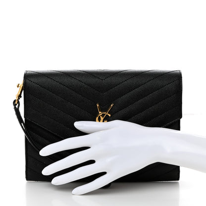 Saint Laurent Grain De Poudre Matelasse Chevron Monogram Envelope Clutch Black 2 of 8