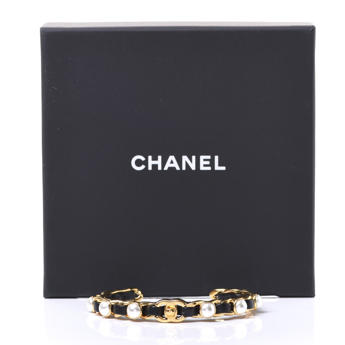 Lambskin Pearl CC Cuff Bracelet Black Gold