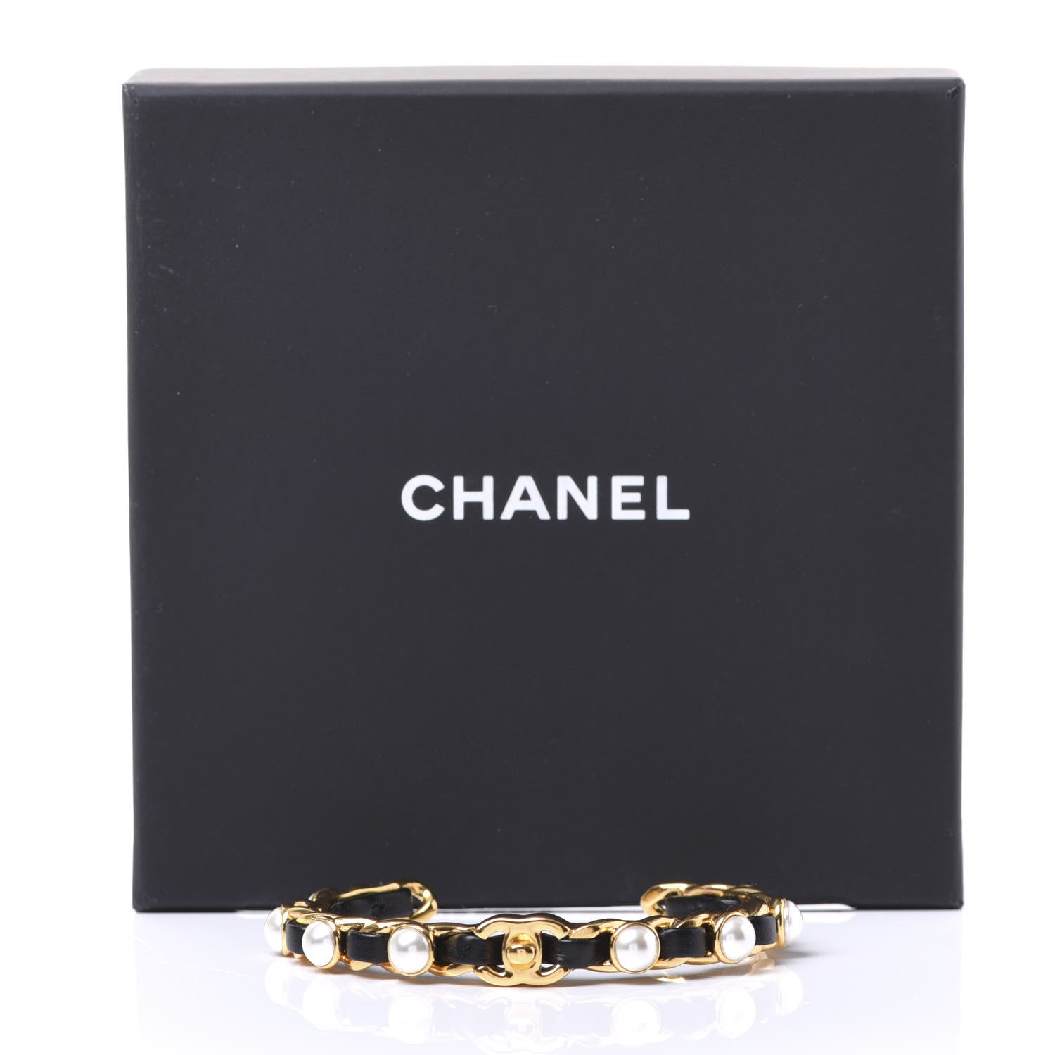 Chanel Lambskin Pearl CC Cuff Bracelet Black Gold 4 of 4