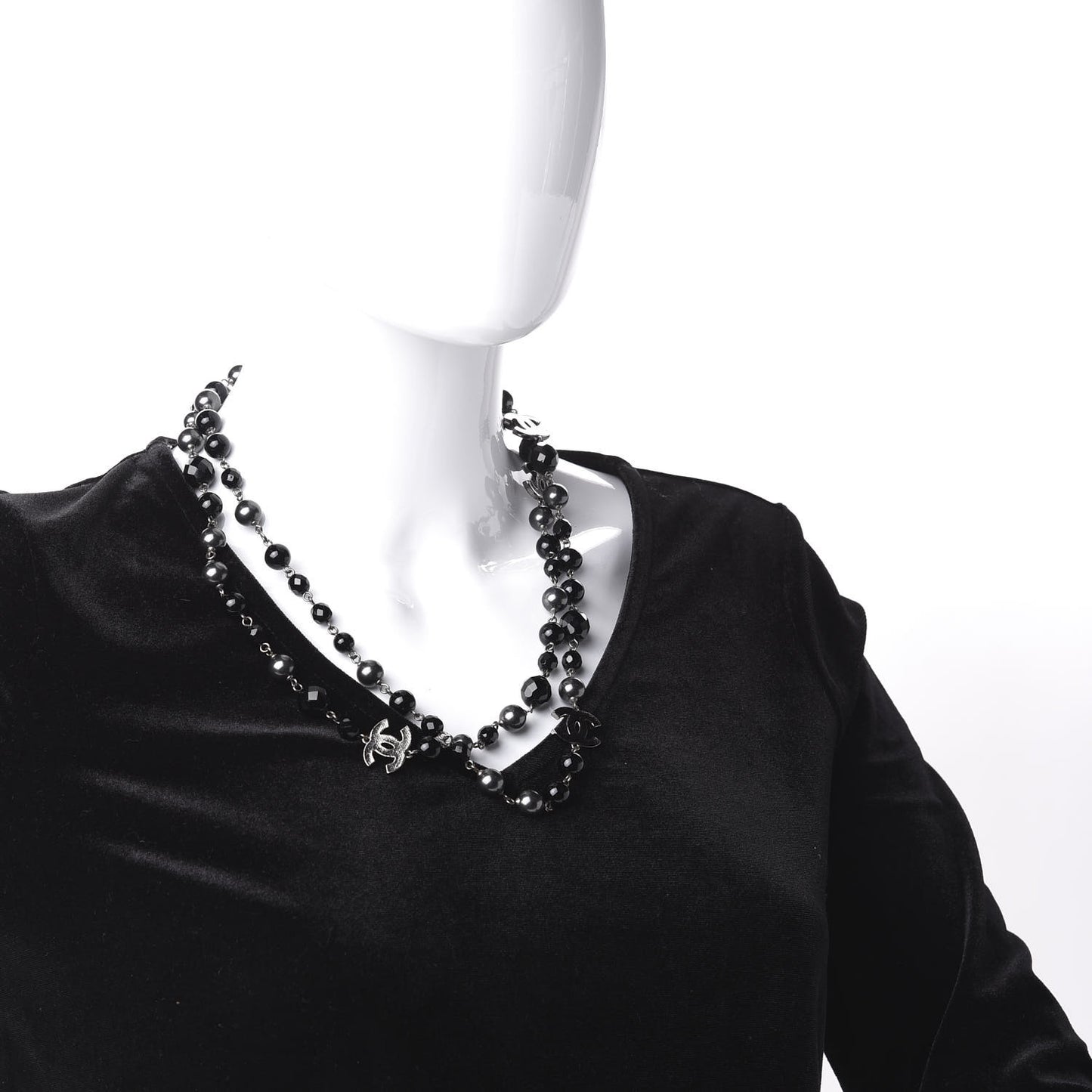 Ruthenium Pearl Beaded CC Long Necklace Black