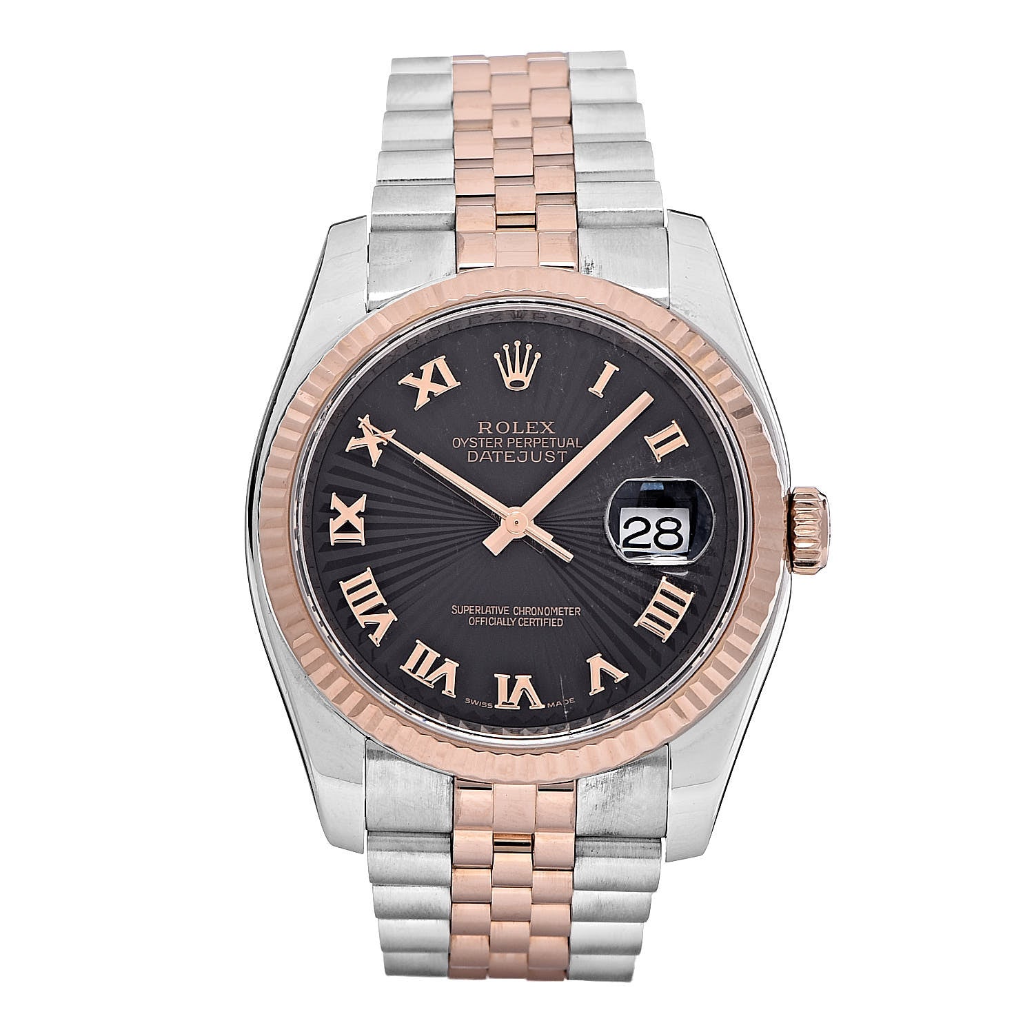 Rolex Stainless Steel 18K Everose Gold 36mm Oyster Perpetual Datejust Watch Black Sunburst Roman 116231 1 of 12