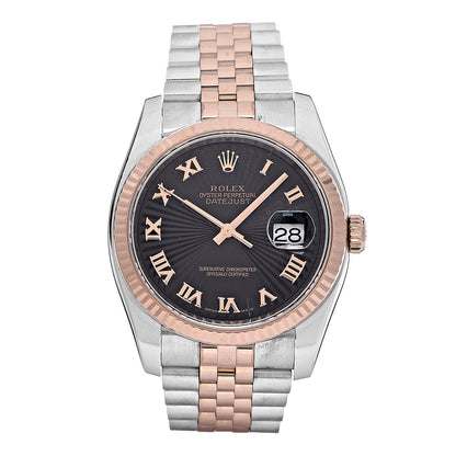 Rolex Stainless Steel 18K Everose Gold 36mm Oyster Perpetual Datejust Watch Black Sunburst Roman 116231 1 of 12