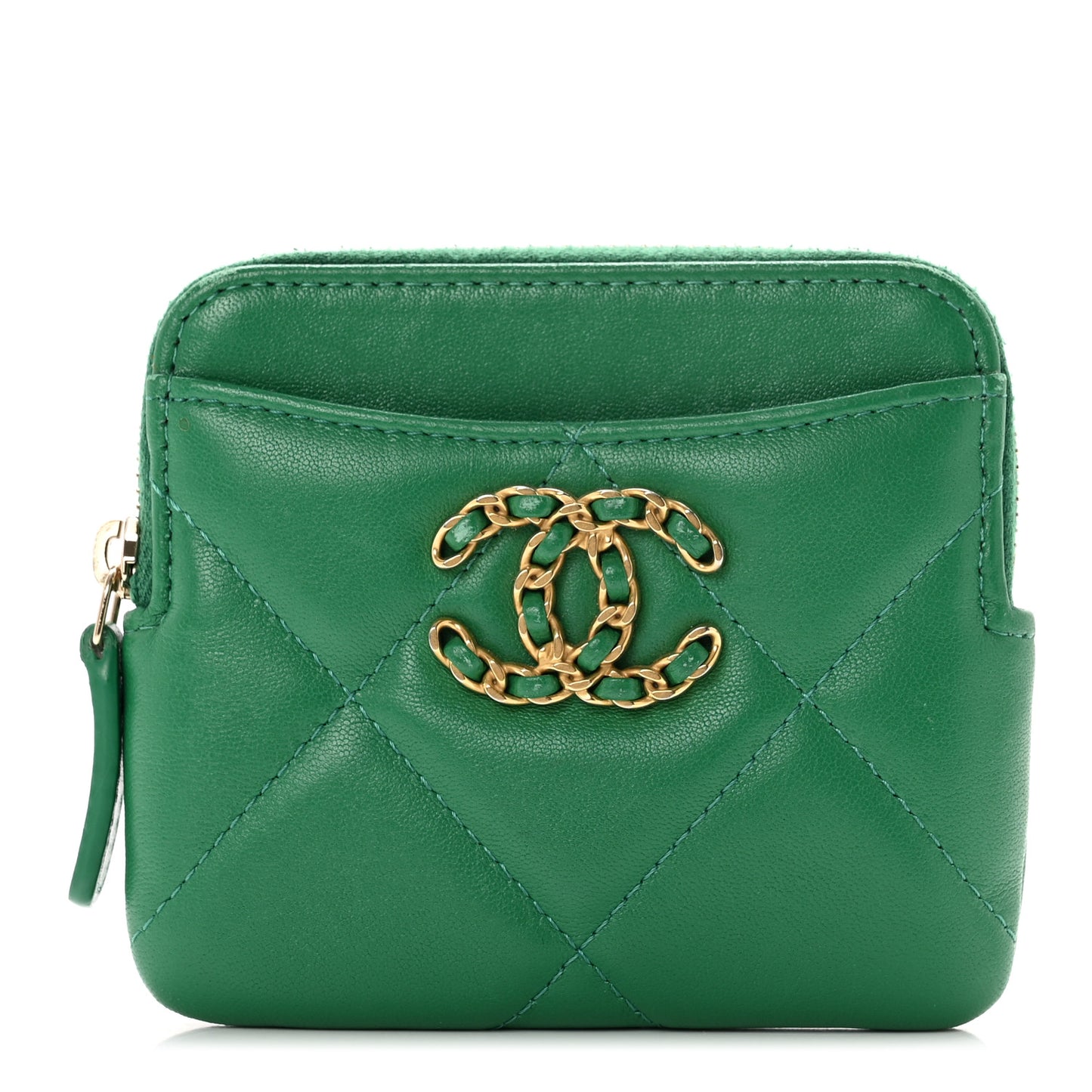 Lambskin Quilted Chanel 19 Zip Card Holder Wallet Green