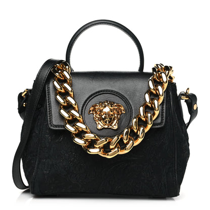 Versace Calfskin Lurex Cloquet Small La Medusa Chain Top Handle Handbag Black 1 of 9
