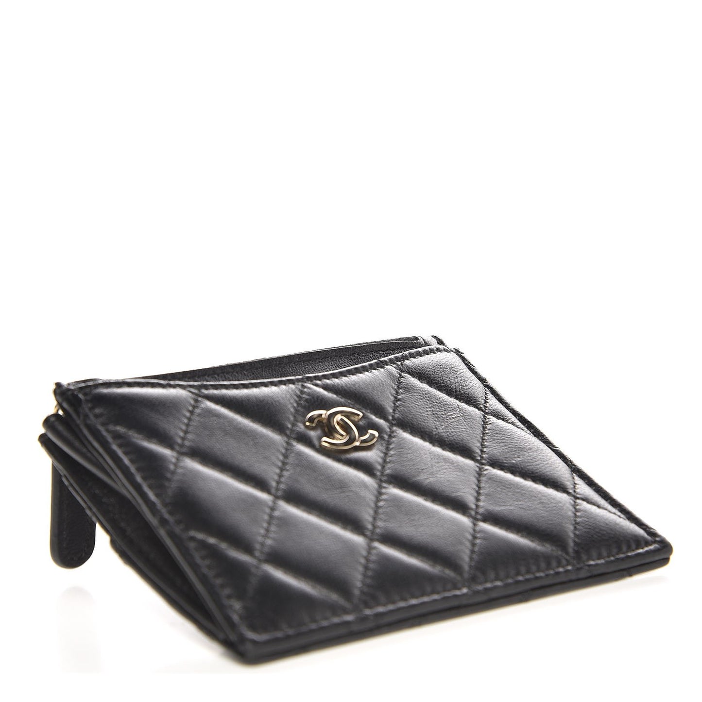 Lambskin Quilted Zip Card Holder Black