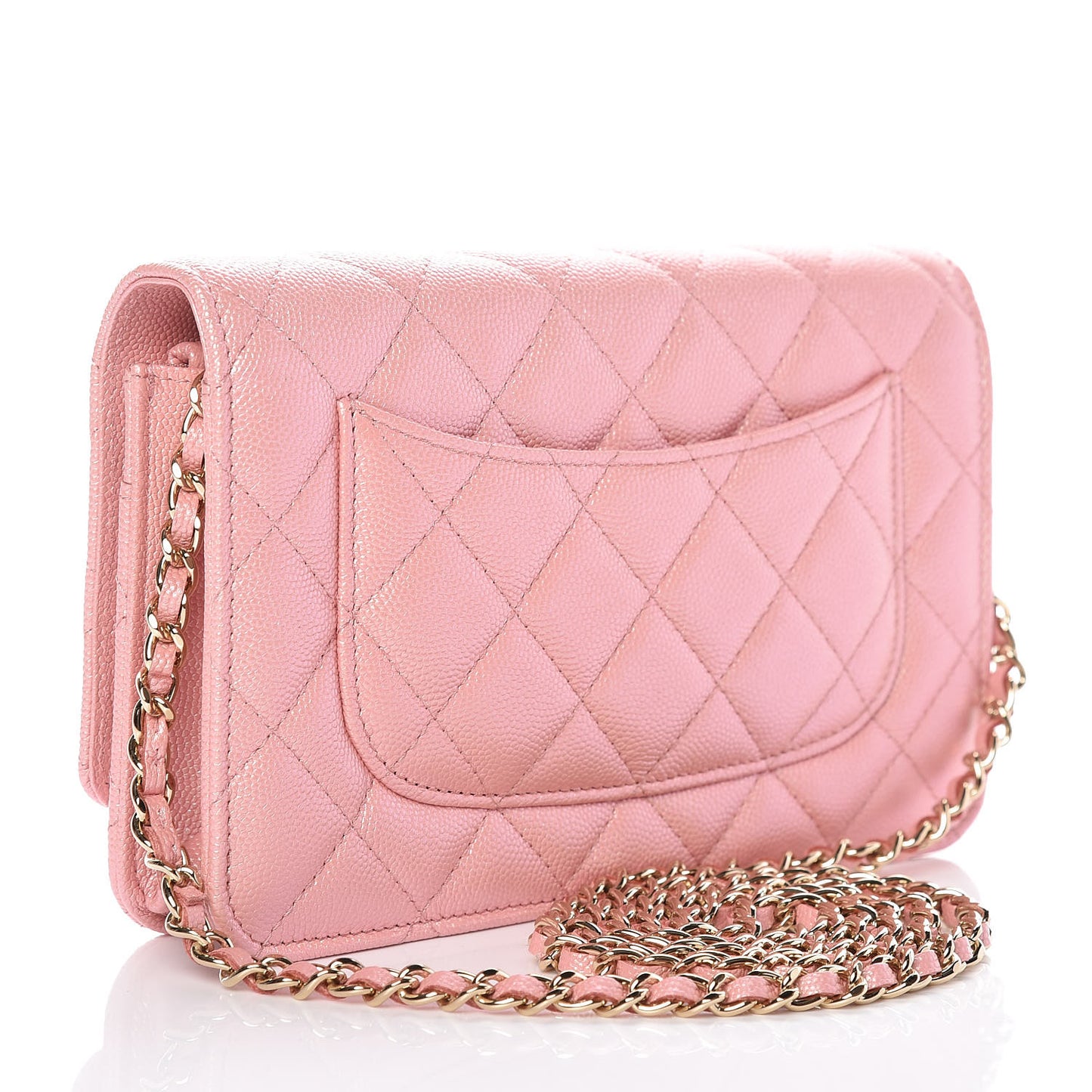 Iridescent Caviar Quilted Wallet on Chain WOC Rose Pink