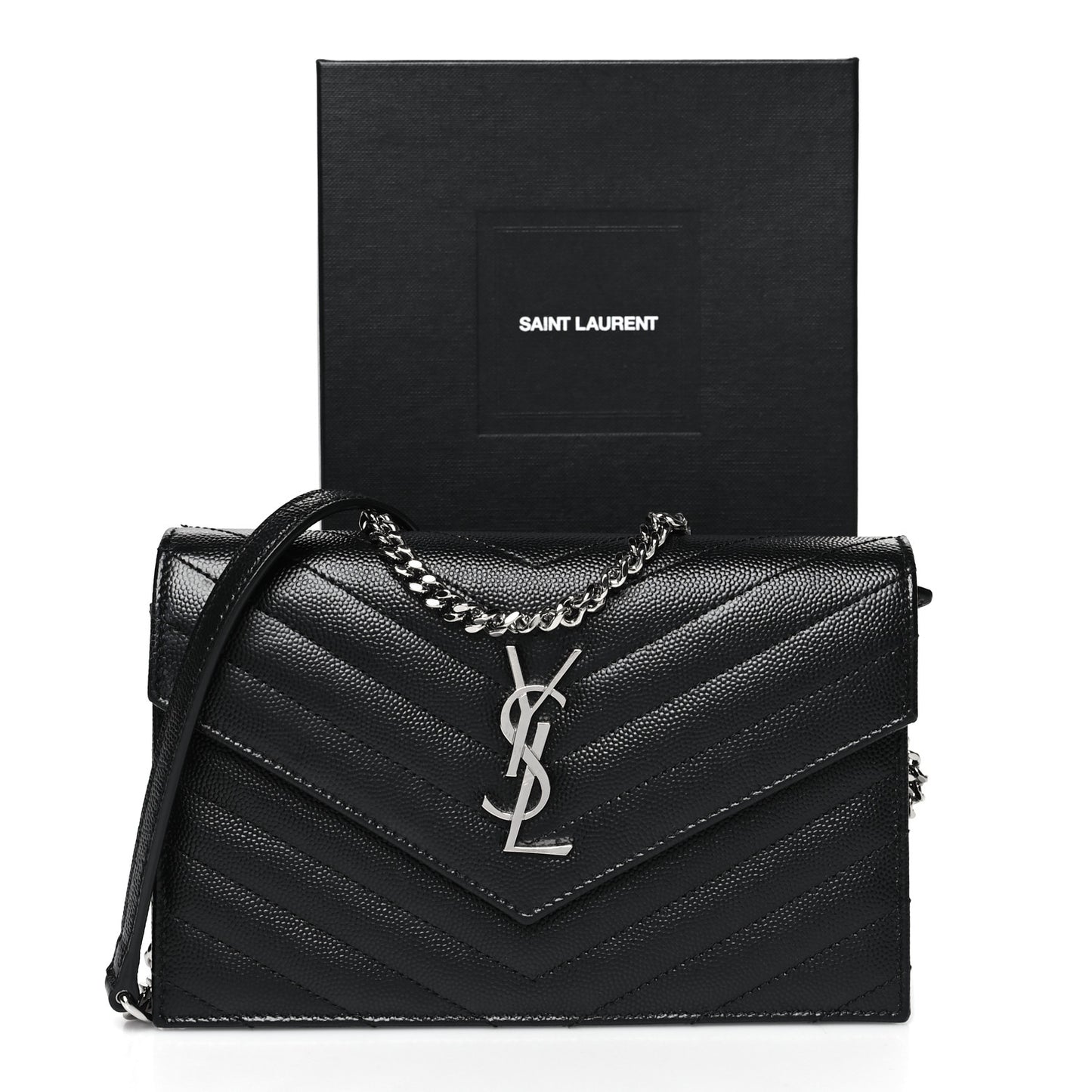 Grain De Poudre Matelasse Chevron Monogram Envelope Chain Wallet Black