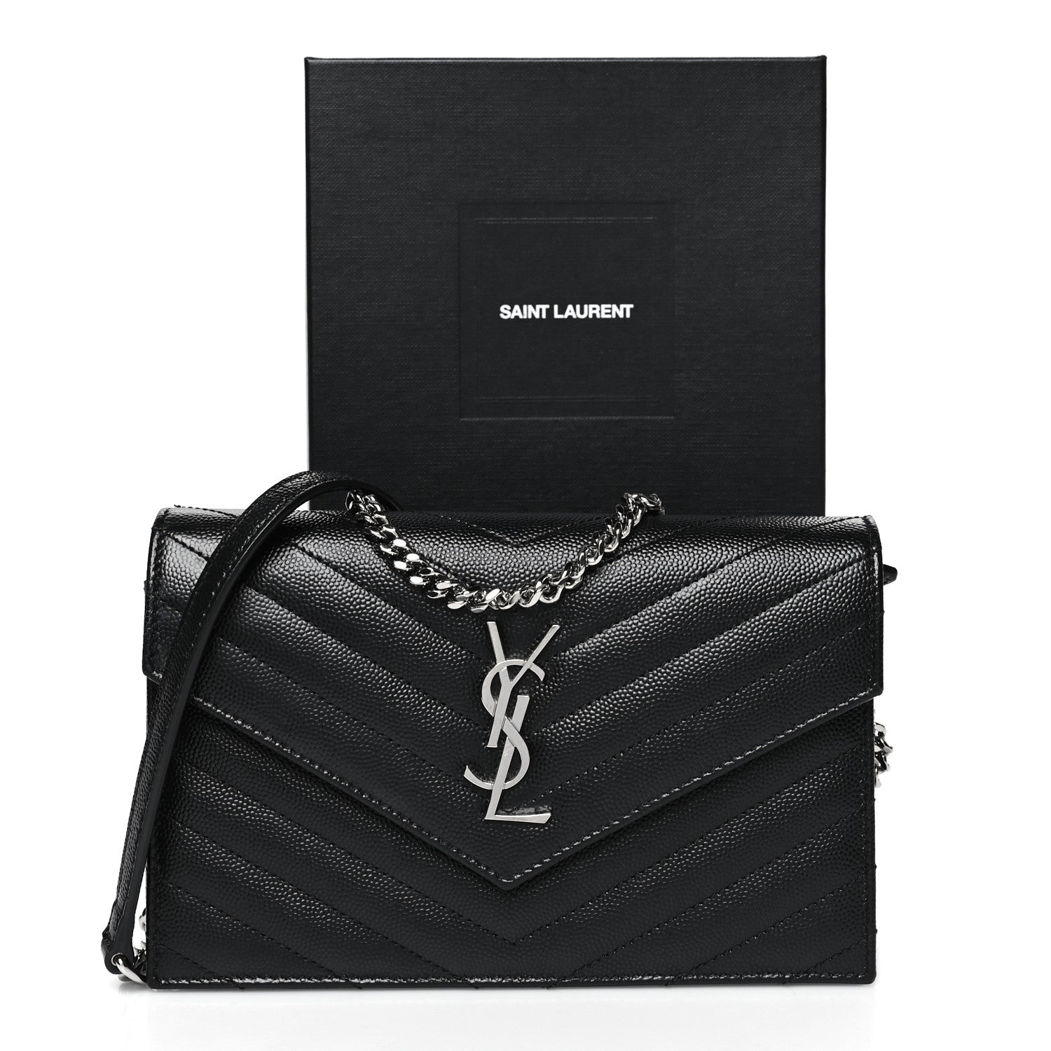 Saint Laurent Grain De Poudre Matelasse Chevron Monogram Envelope Chain Wallet Black 13 of 13