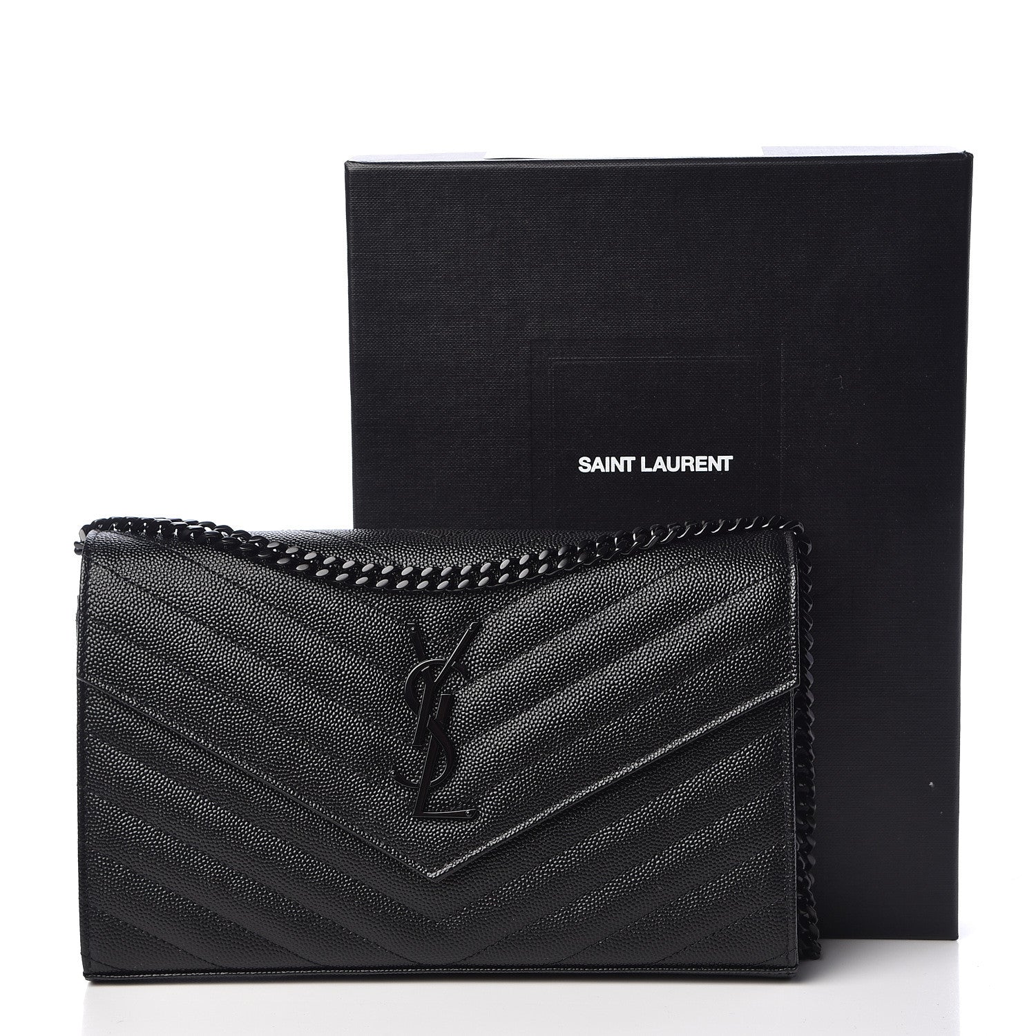 Saint Laurent Grain De Poudre Matelasse Chevron Monogram Chain Wallet Black 10 of 10