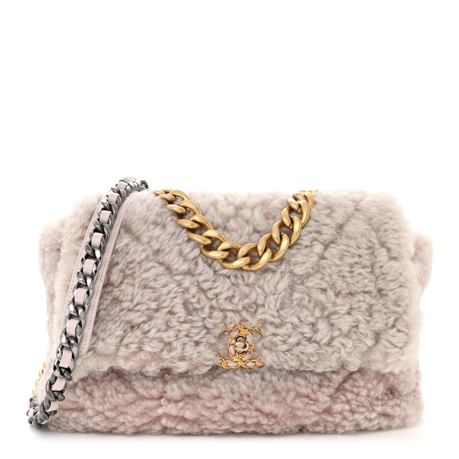 CHANELファーバッグ Chanel Shearling Sheepskin Medium Chanel 19 Flap Light Pink