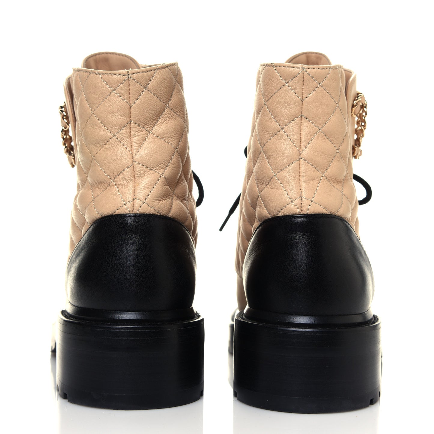 Lambskin Calfskin Quilted Lace Up Combat Boots Beige Black