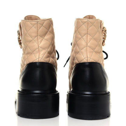 Chanel Lambskin Calfskin Quilted Lace Up Combat Boots Beige Black 5 of 6