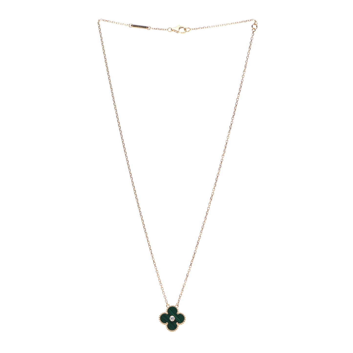 18K Yellow Gold Diamond Malachite Vintage Alhambra Pendant Necklace