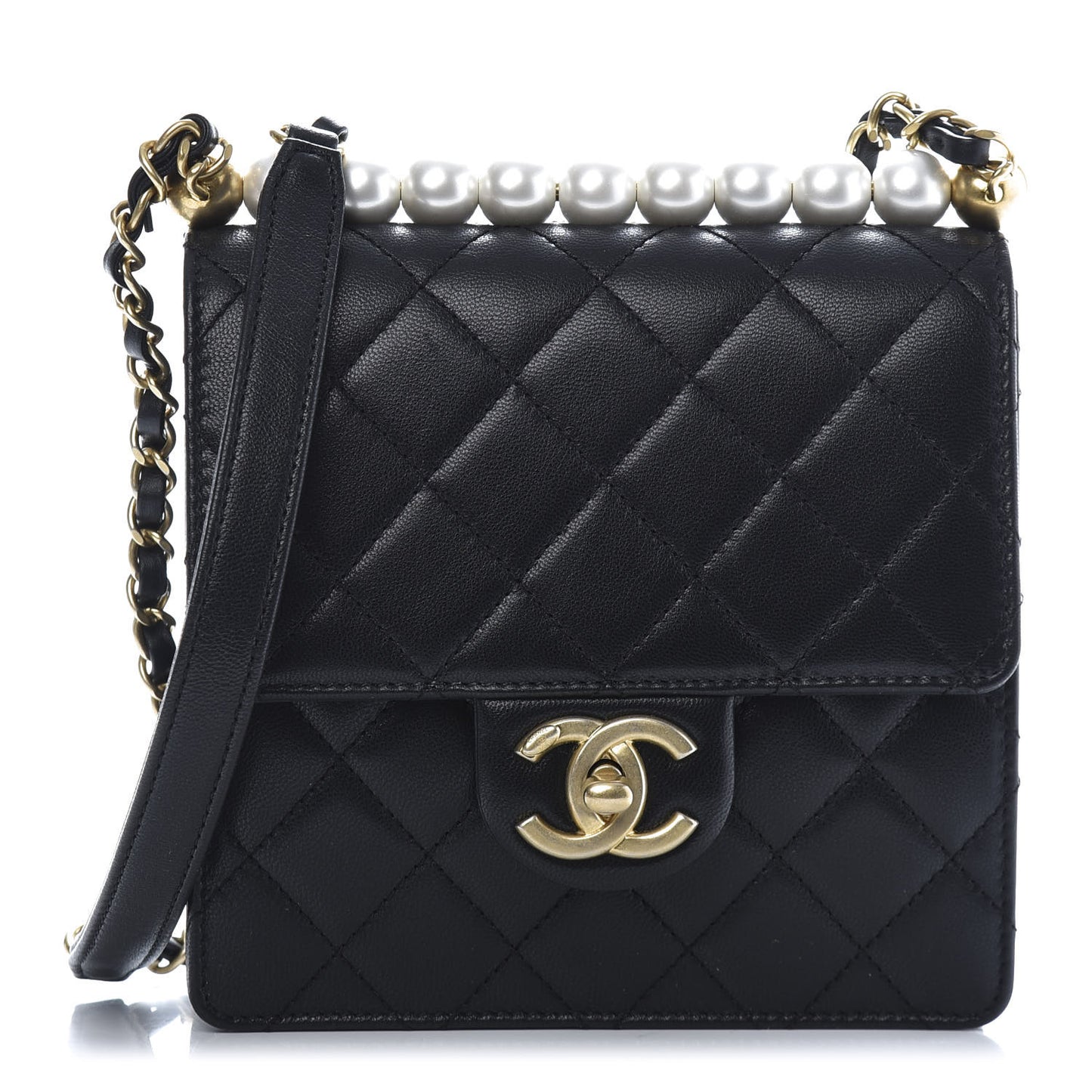Lambskin Quilted Chic Pearls Flap Black