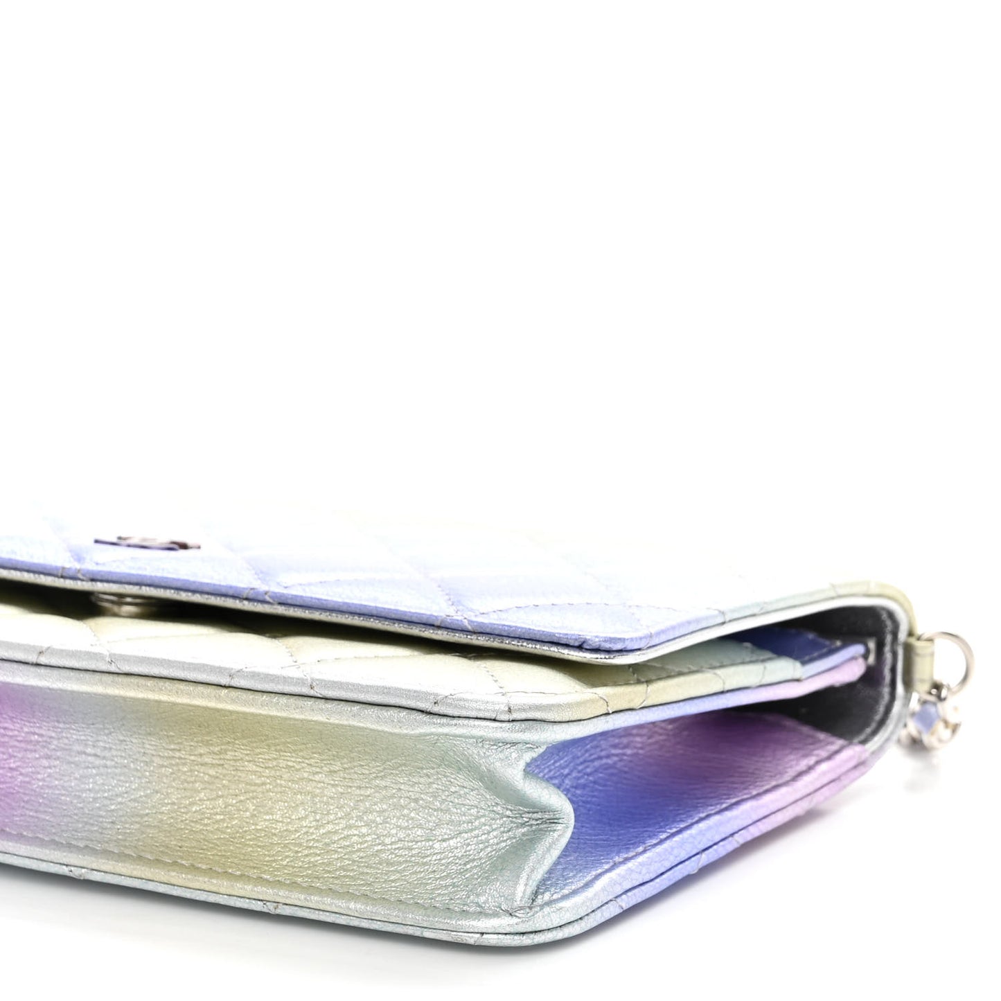Gradient Metallic Calfskin Quilted Wallet On Chain WOC Silver Blue Yellow Purple