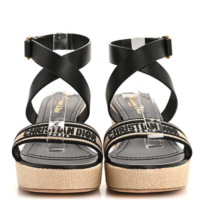Christian Dior Calfskin Raffia Embroidered Dway Platform Sandals 39 Black 3 of 9