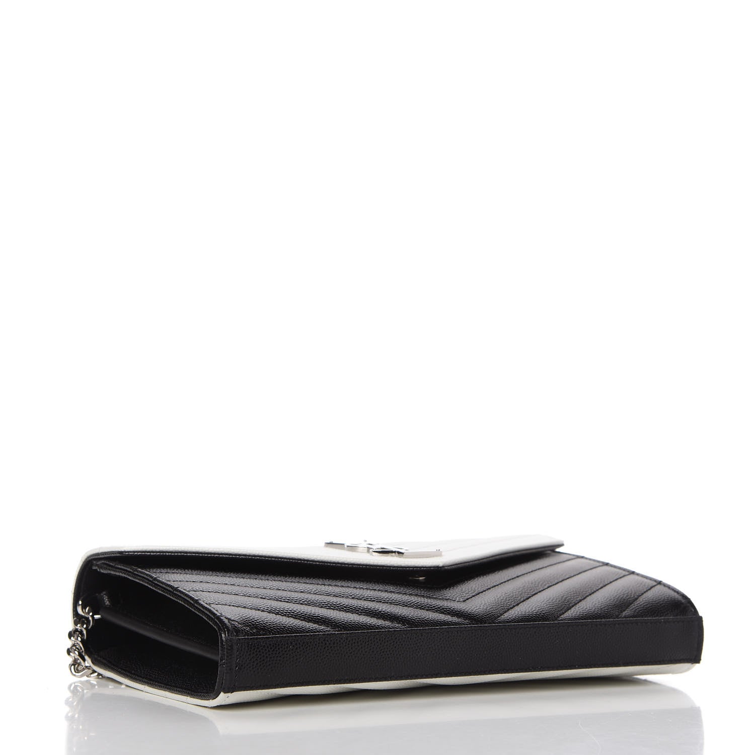Saint Laurent Grain De Poudre Matelasse Chevron Bi-Color Monogram Chain Wallet White Black 4 of 9