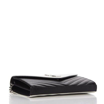 Saint Laurent Grain De Poudre Matelasse Chevron Bi-Color Monogram Chain Wallet White Black 4 of 9