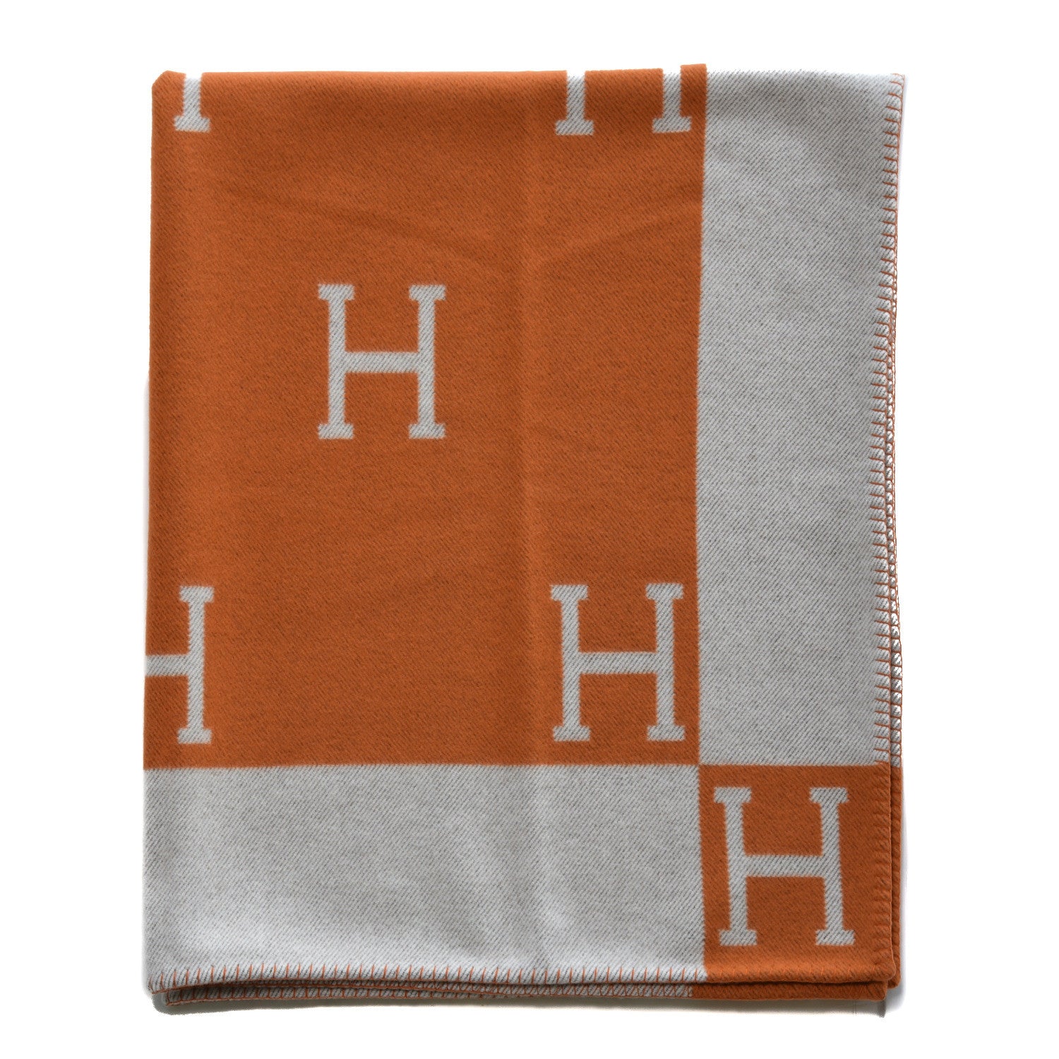 Hermes Wool Cashmere Signature Classic Avalon Blanket Ecru Potiron 1 of 4