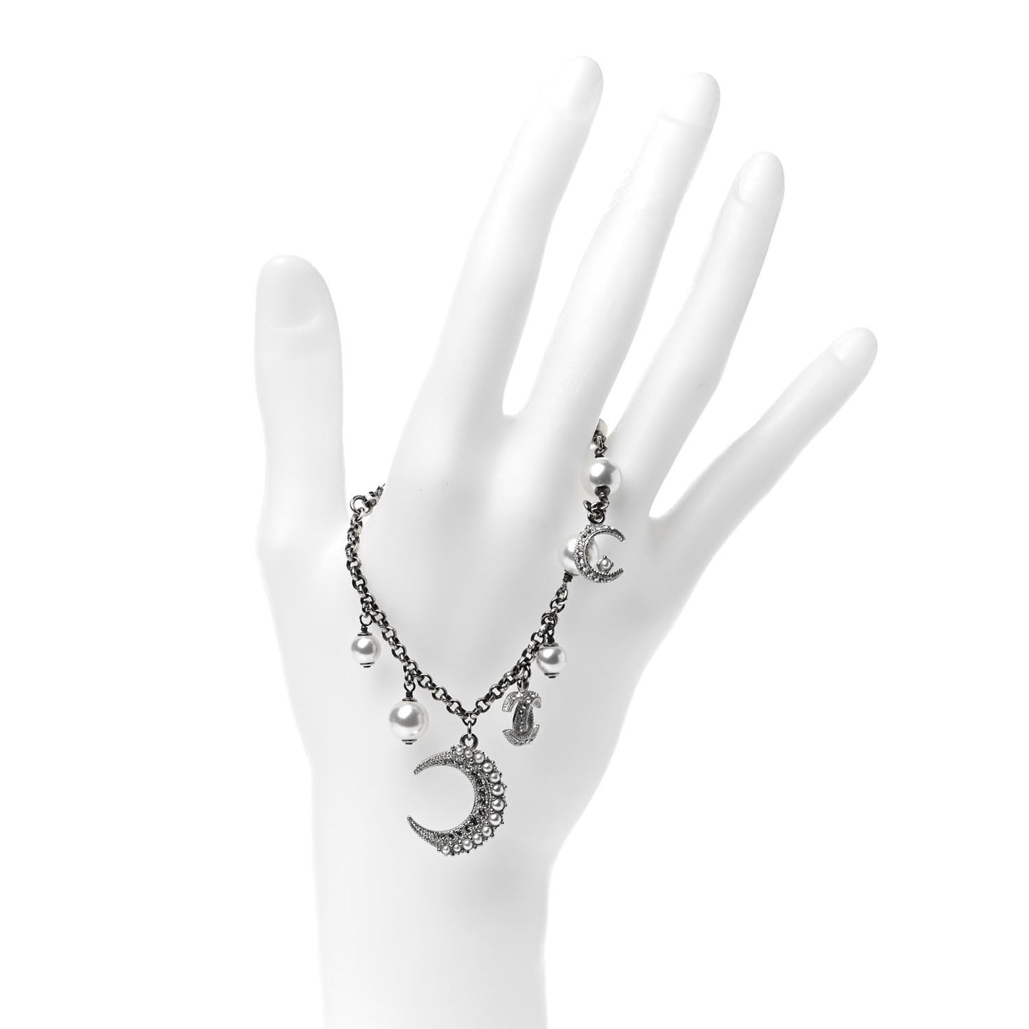 Pearl Crystal CC Moon Bracelet Silver