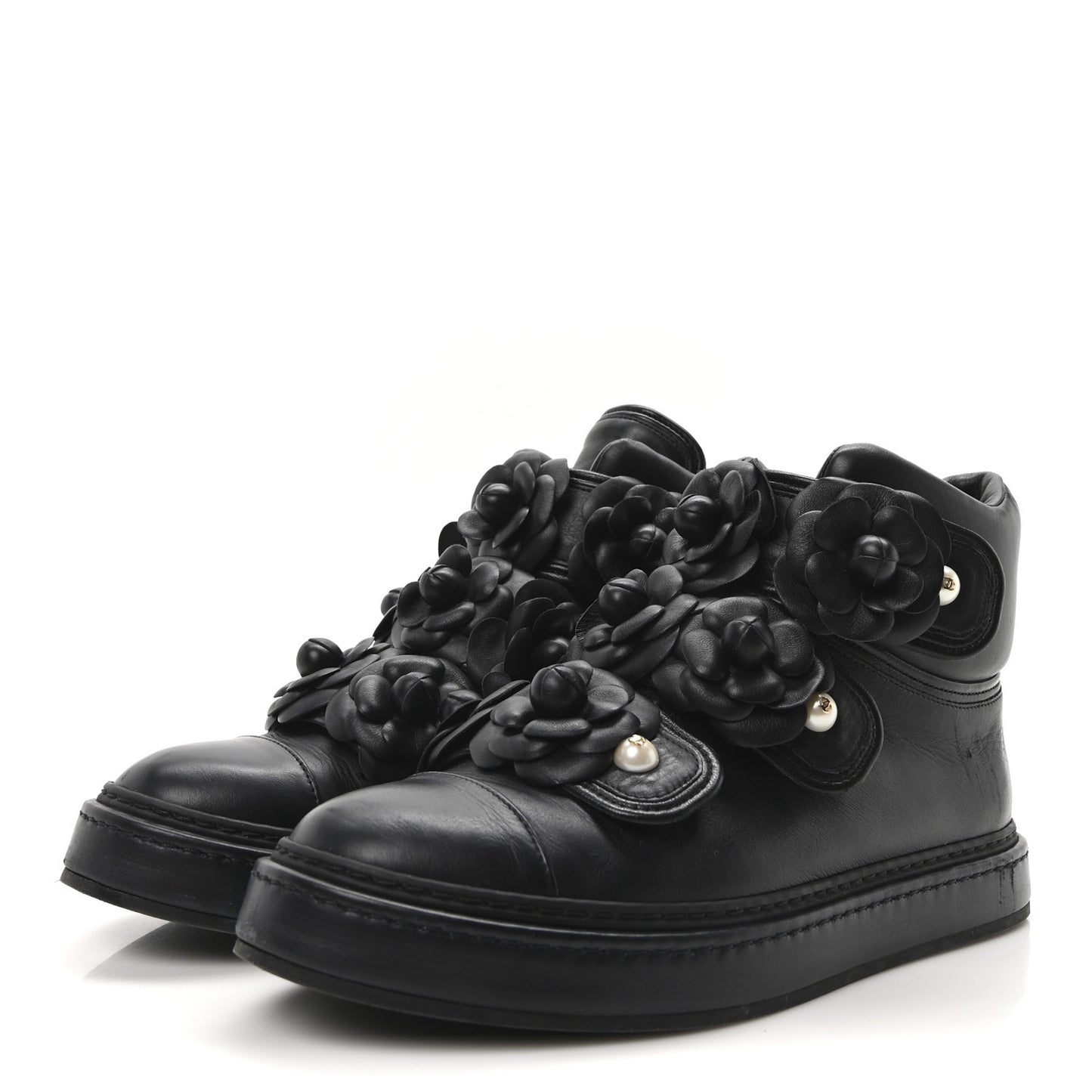 Calfskin Camellia High Top Sneakers 38.5 Navy