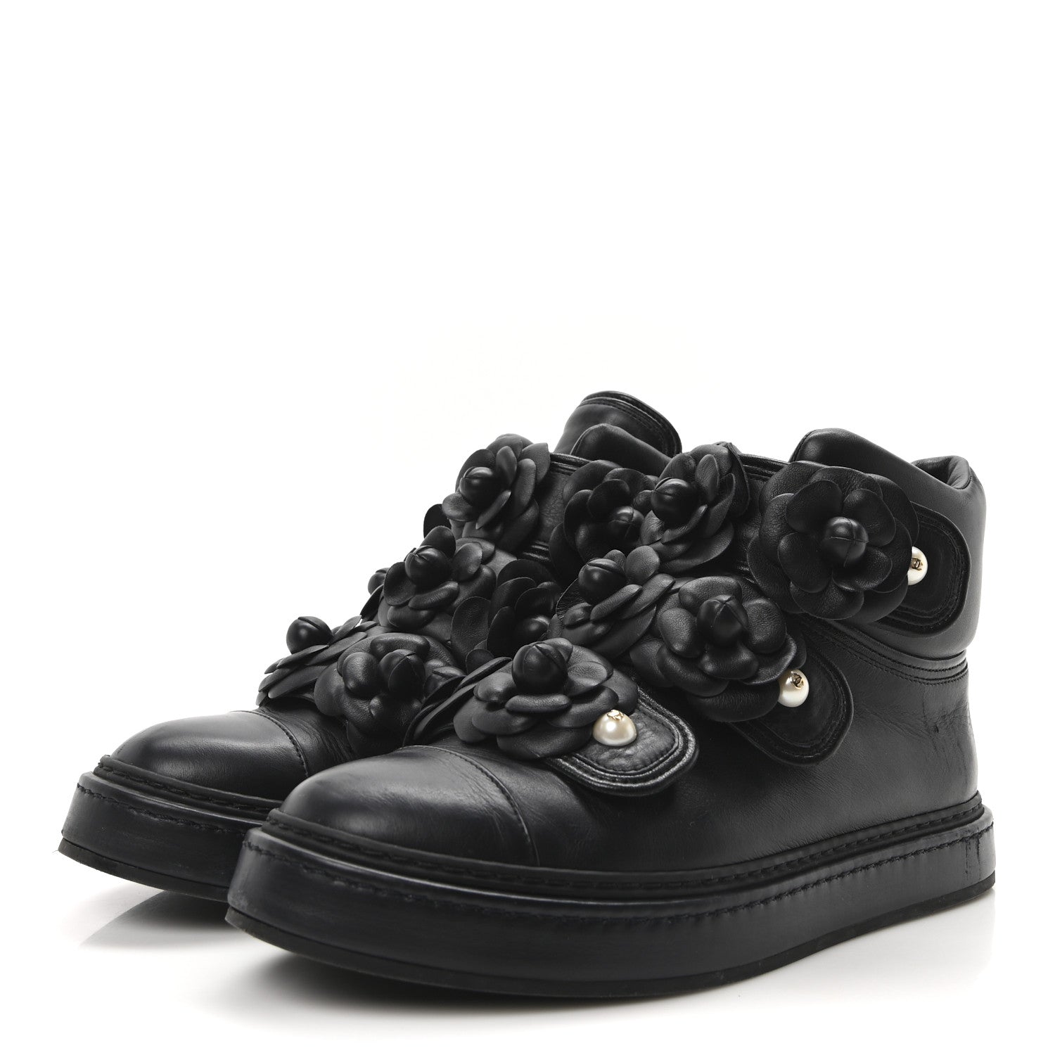 Chanel Calfskin Camellia High Top Sneakers 38.5 Navy 3 of 9