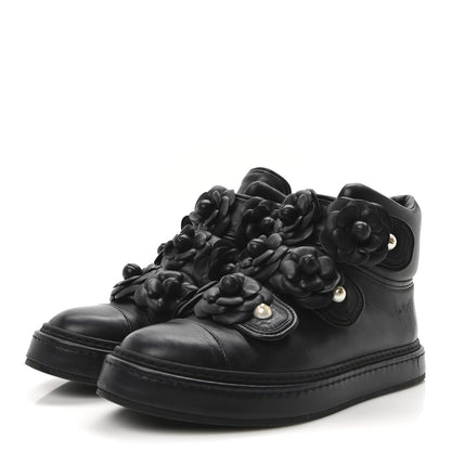 Chanel Calfskin Camellia High Top Sneakers 38.5 Navy 3 of 9