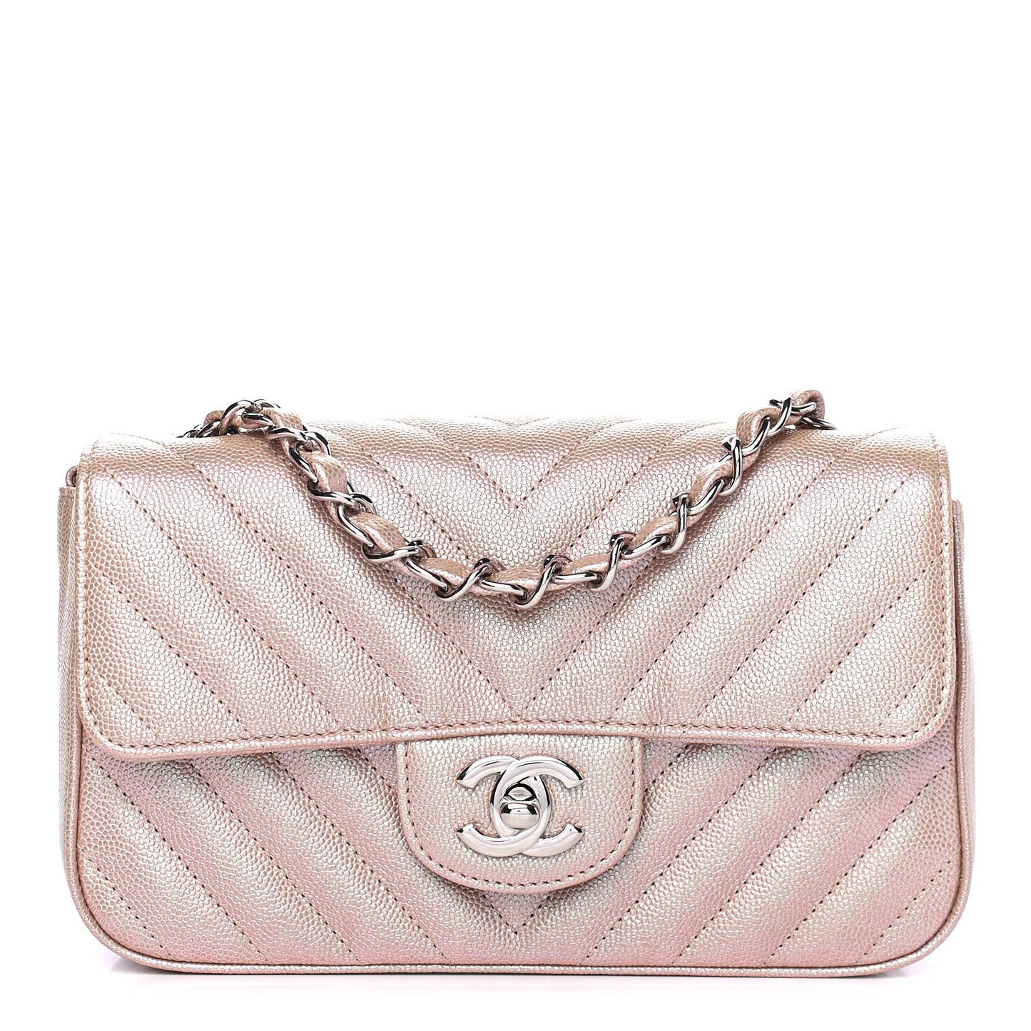 Iridescent Caviar Chevron Quilted Mini Rectangular Flap Light Gold