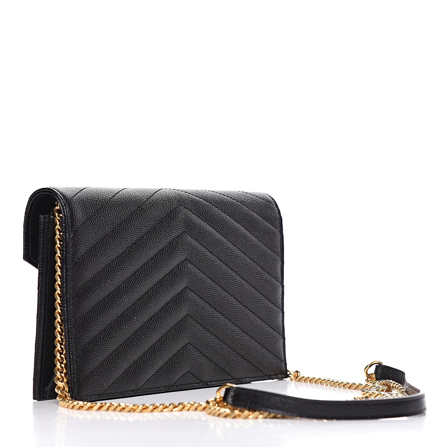 Saint Laurent Grain De Poudre Matelasse Chevron Monogram Envelope Chain Wallet Black 3 of 10