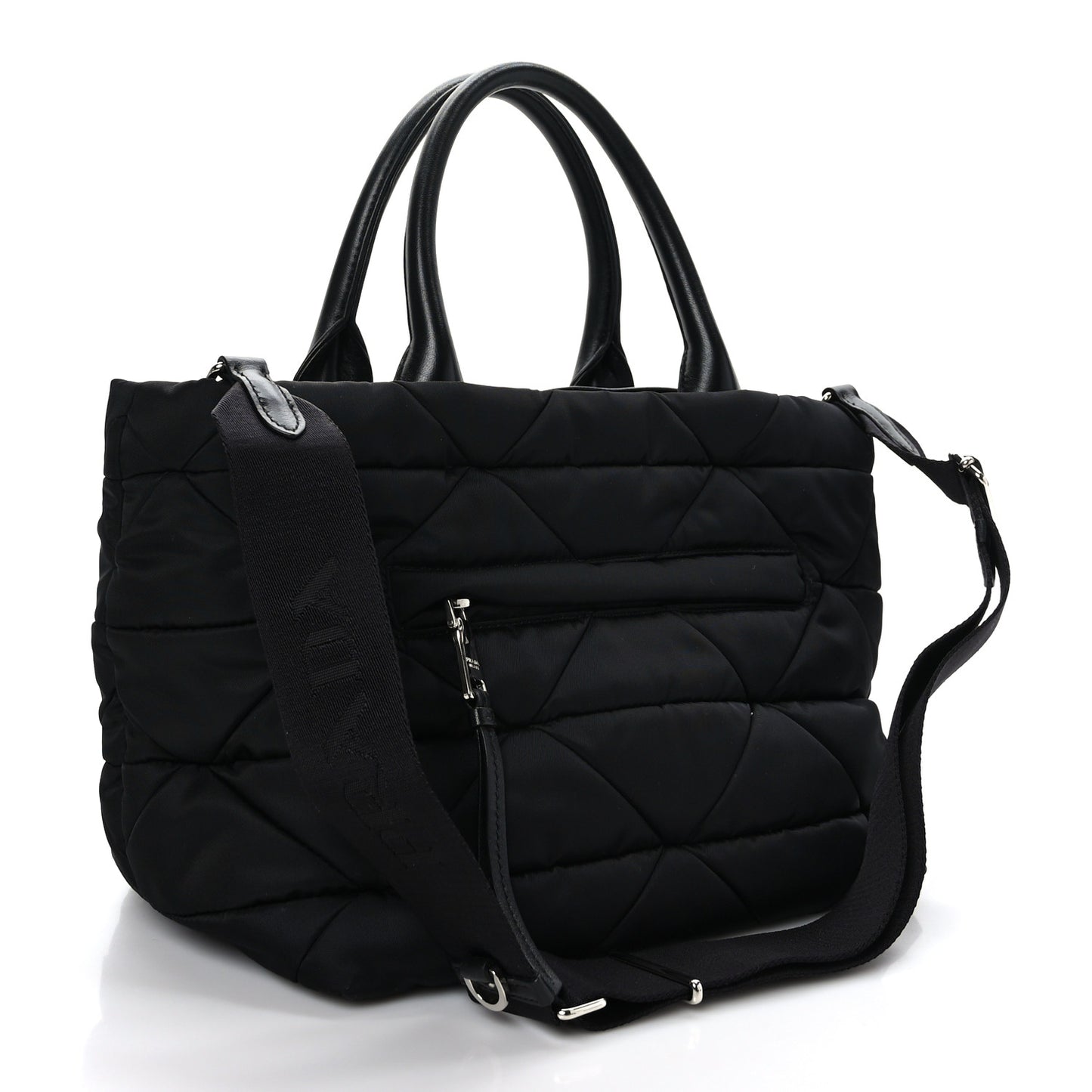 Re-Nylon Nappa Triangle Quilted Padded Small Double Handled Zip Tote Black
