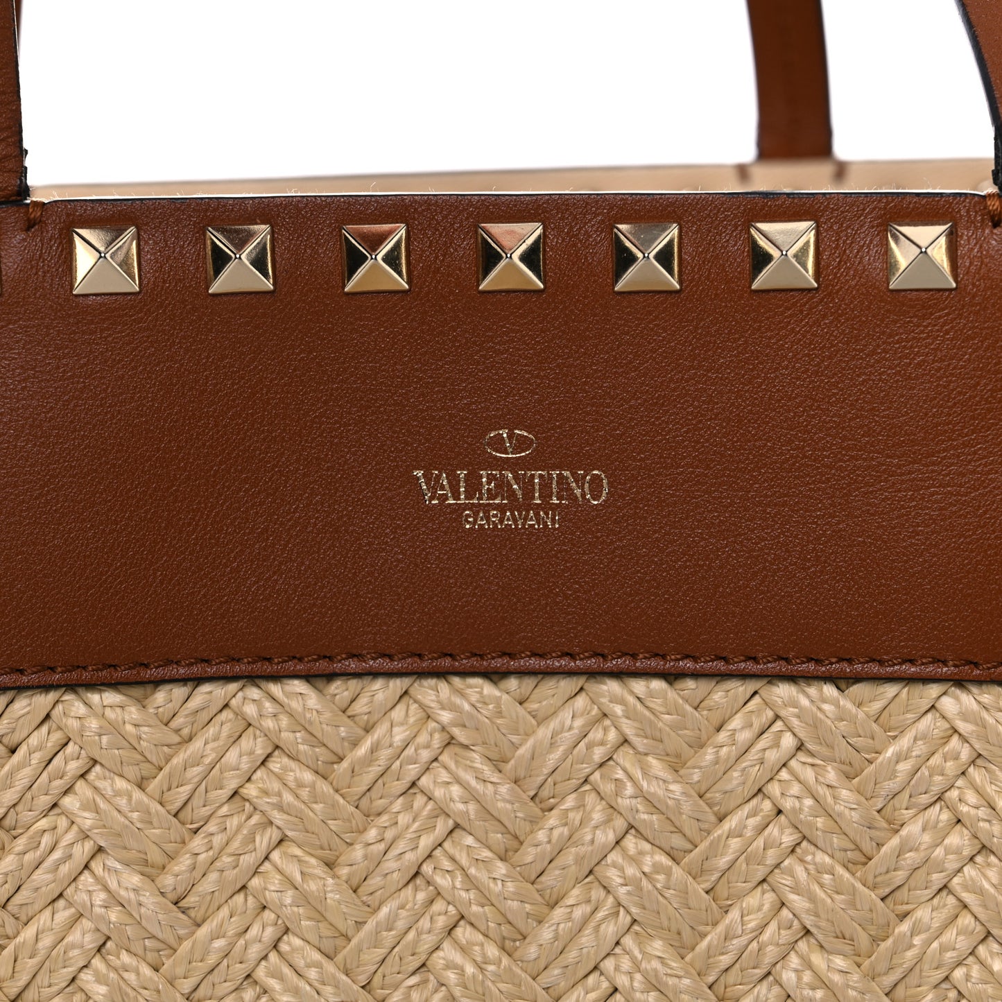 Raffia Calfskin Rockstud Shoulder Tote Naturale Saddle Brown