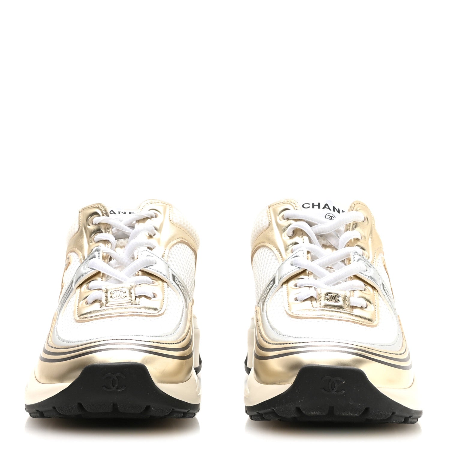 Chanel Fabric Laminated Calfskin Stretch CC Womens Sneakers 36.5 White Gold Silver 3 of 8